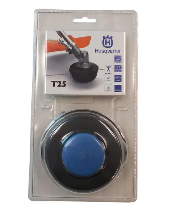 Husqvarna T25 brush cutter head packaging on a white background