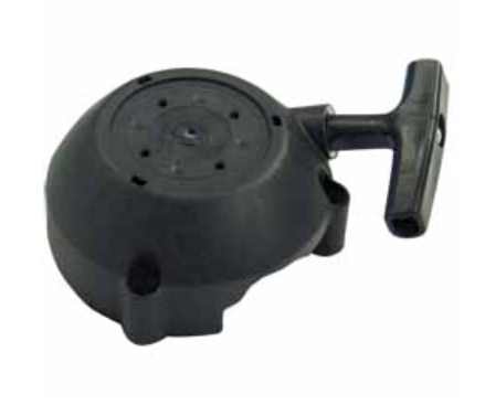 Black plastic recoil starter and a handle on a white background